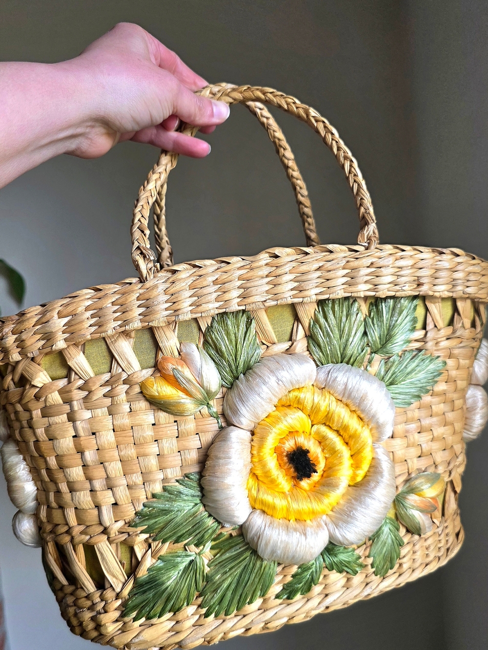 Vintage Raffia Floral Fiber Art Bag MCM Kitschy Cabana Sunflower Picnic Pool